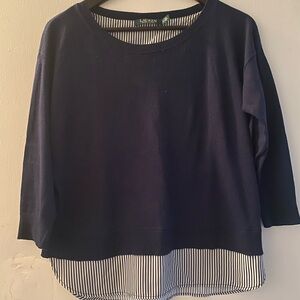 Ralph Lauren Navy Blue Blouse with Striped Hem Preppy - Size M